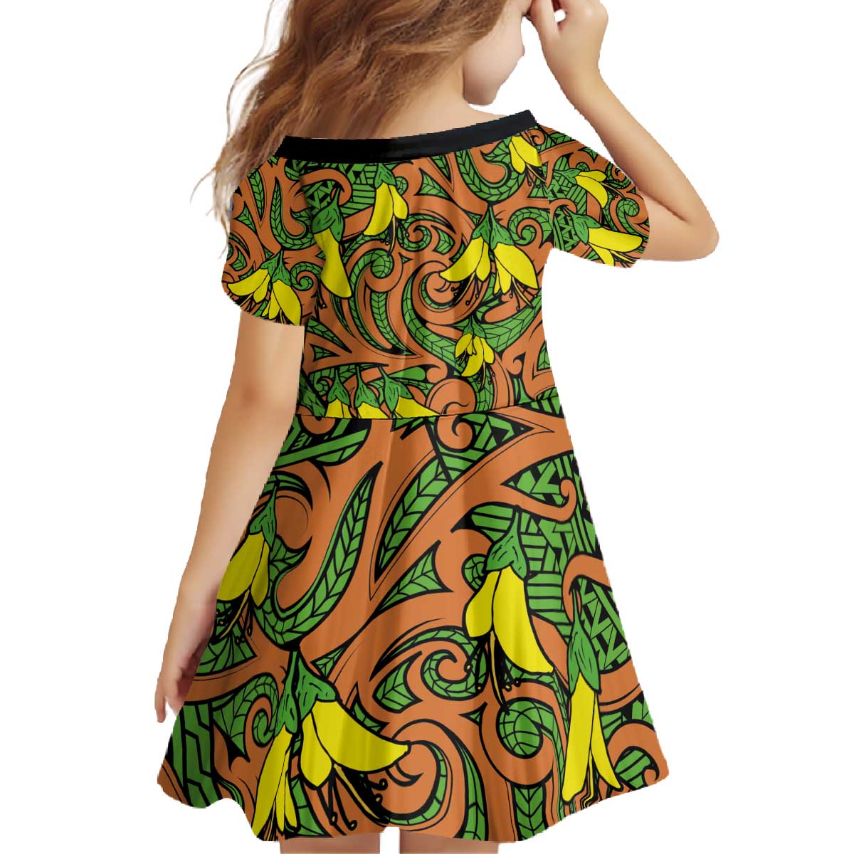 New Zealand Kowhai Flowers Family Matching Off The Shoulder Long Sleeve Dress and Hawaiian Shirt Maori Koru Pattern