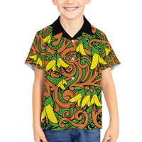 New Zealand Kowhai Flowers Family Matching Off The Shoulder Long Sleeve Dress and Hawaiian Shirt Maori Koru Pattern