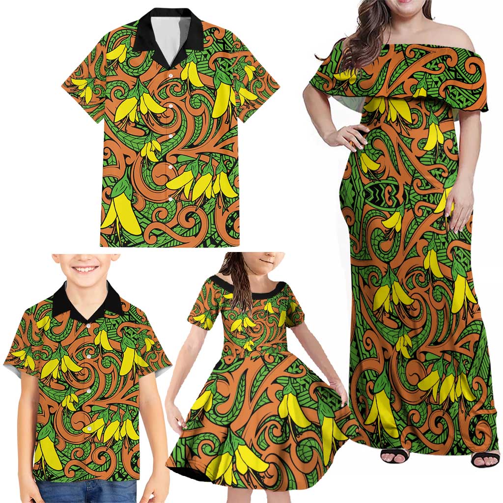 New Zealand Kowhai Flowers Family Matching Off Shoulder Maxi Dress and Hawaiian Shirt Maori Koru Pattern