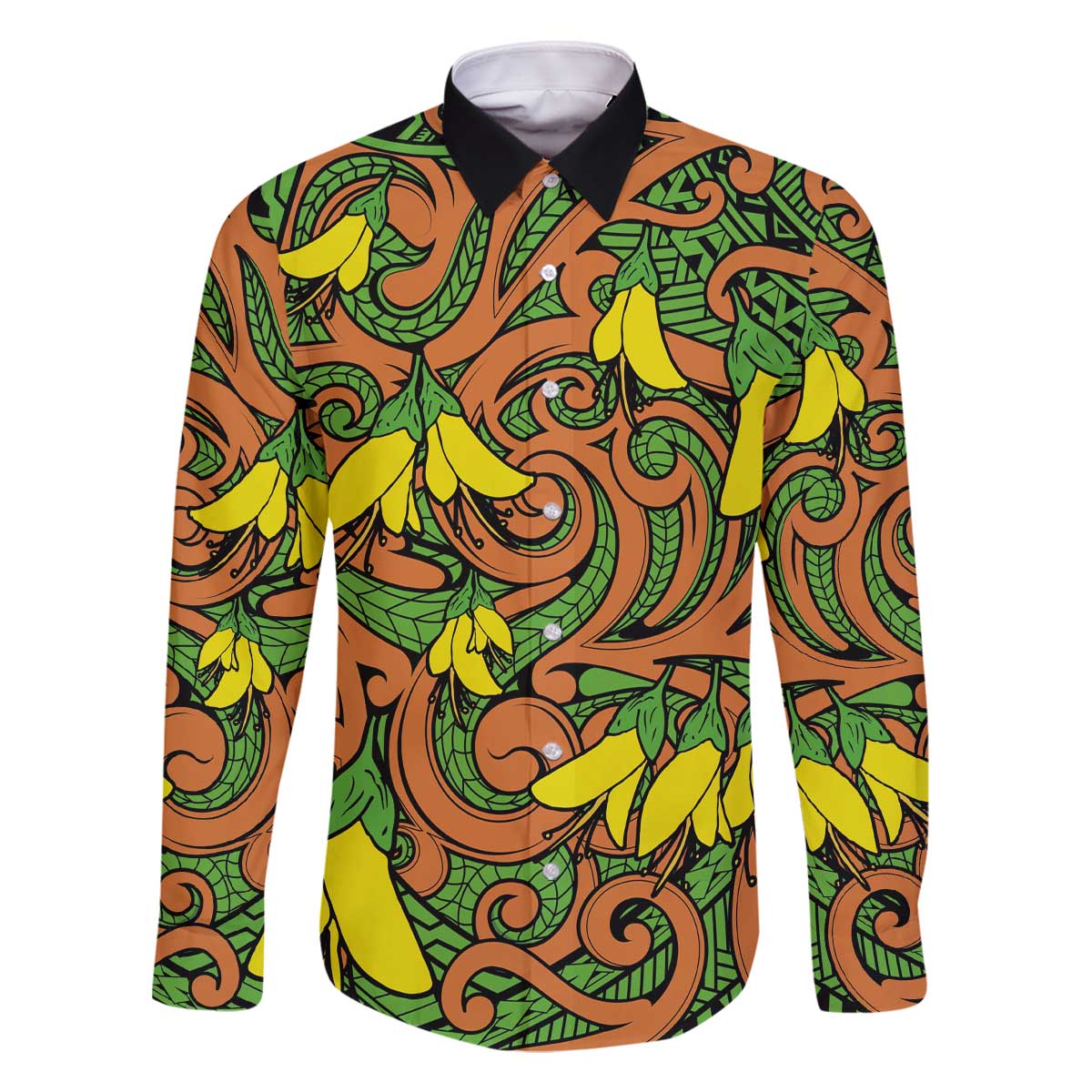 New Zealand Kowhai Flowers Family Matching Off Shoulder Short Dress and Hawaiian Shirt Maori Koru Pattern LT03 Dad's Shirt - Long Sleeve Orange - Polynesian Pride