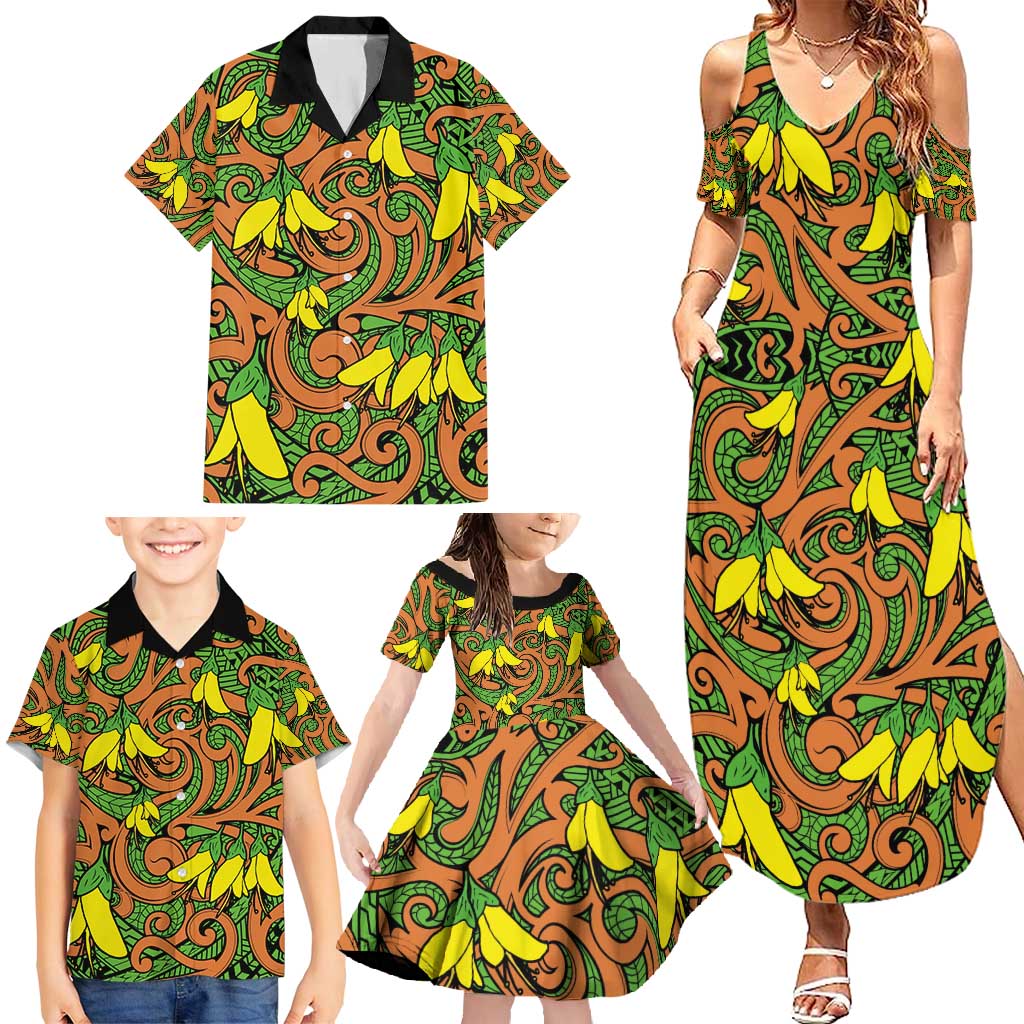 New Zealand Kowhai Flowers Family Matching Summer Maxi Dress and Hawaiian Shirt Maori Koru Pattern