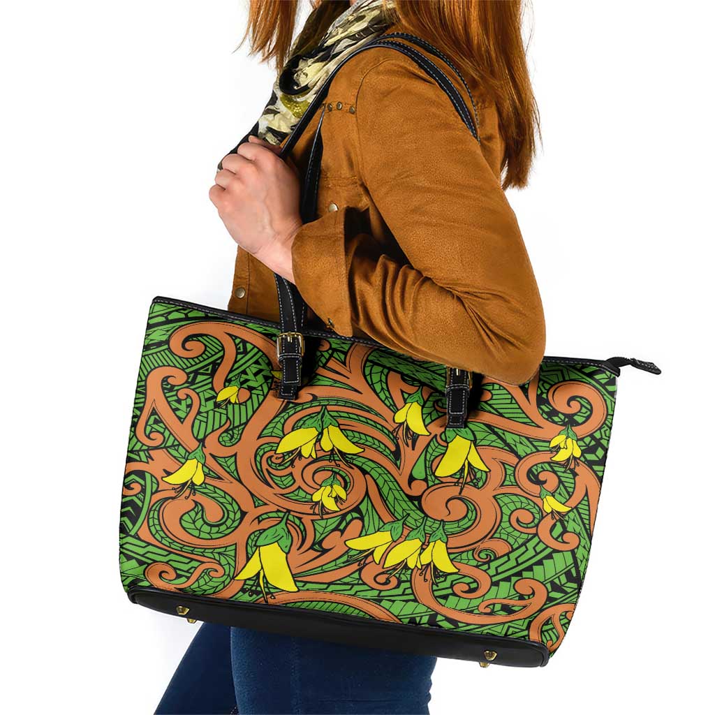 New Zealand Kowhai Flowers Leather Tote Bag Maori Koru Pattern LT03 Orange - Polynesian Pride