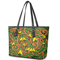 New Zealand Kowhai Flowers Leather Tote Bag Maori Koru Pattern LT03 - Polynesian Pride