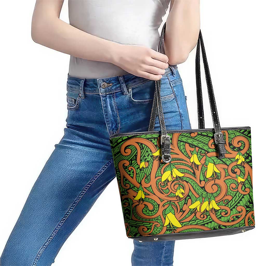 New Zealand Kowhai Flowers Leather Tote Bag Maori Koru Pattern LT03 - Polynesian Pride