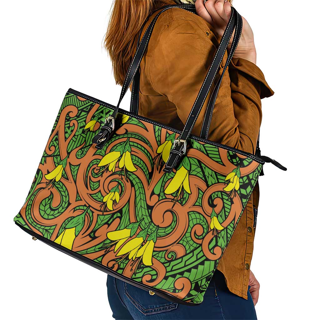 New Zealand Kowhai Flowers Leather Tote Bag Maori Koru Pattern LT03 - Polynesian Pride