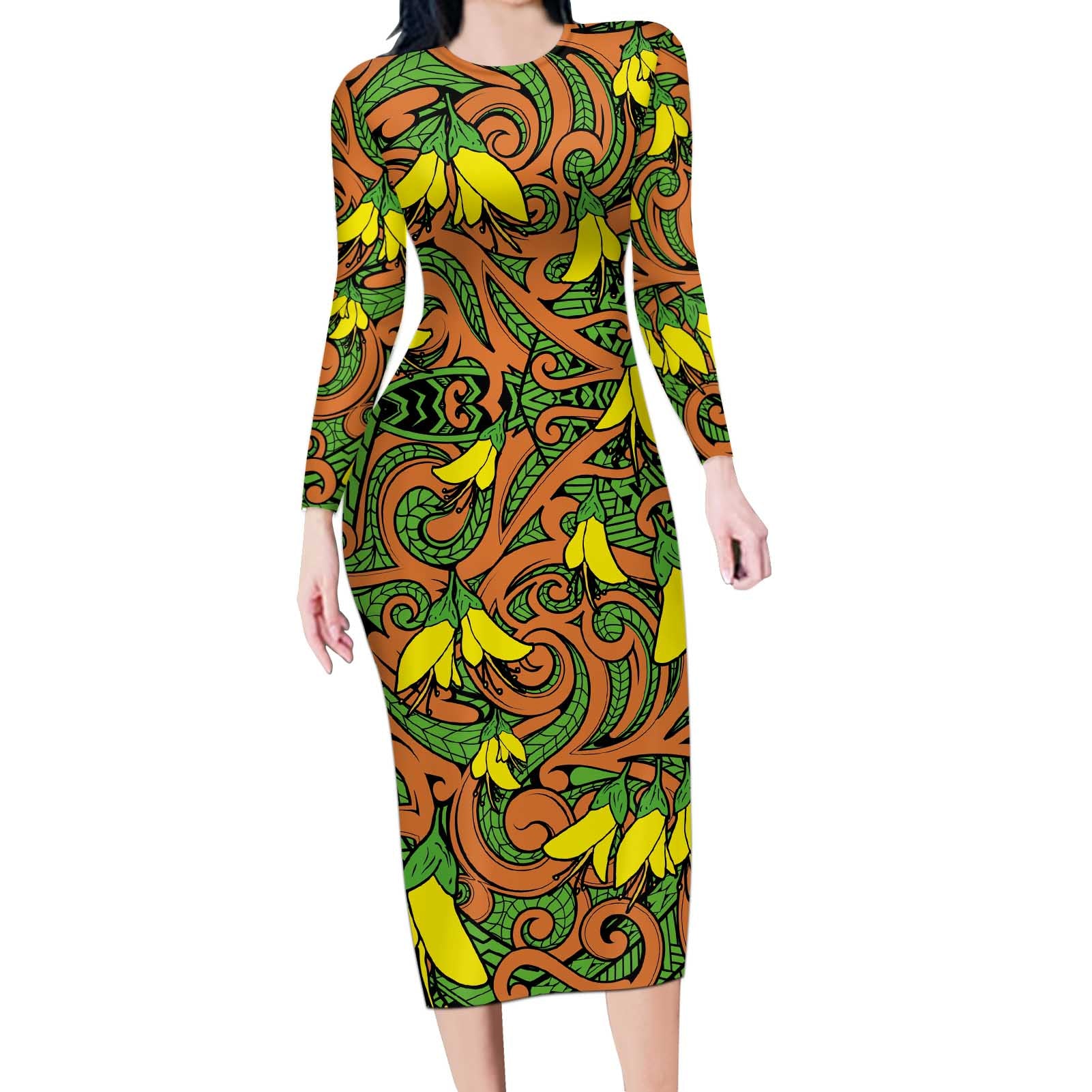 New Zealand Kowhai Flowers Long Sleeve Bodycon Dress Maori Koru Pattern