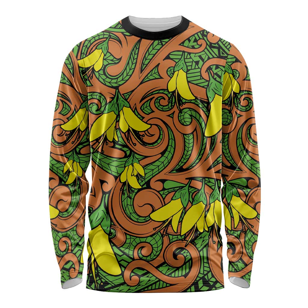 New Zealand Kowhai Flowers Long Sleeve Shirt Maori Koru Pattern