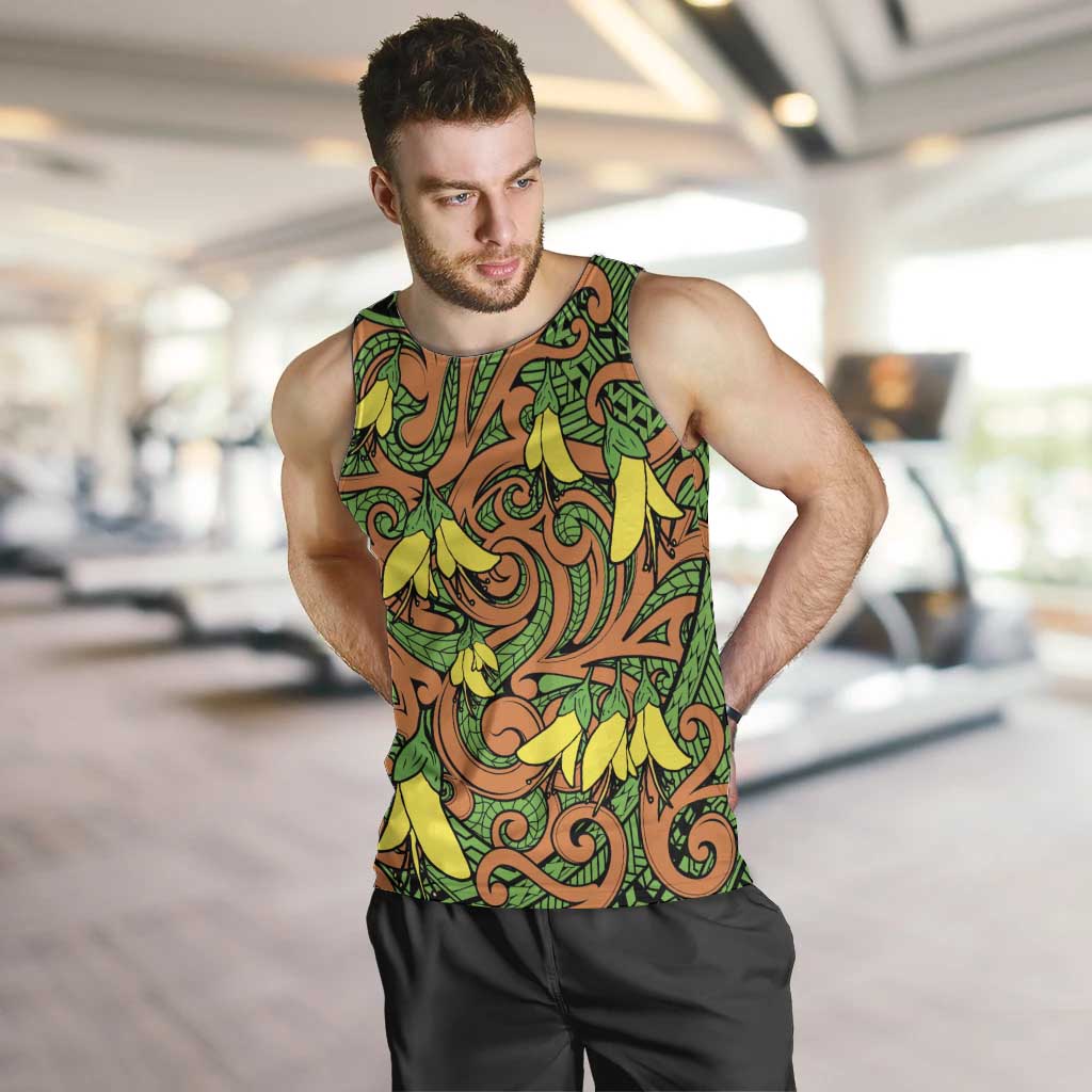 New Zealand Kowhai Flowers Men Tank Top Maori Koru Pattern LT03 Orange - Polynesian Pride