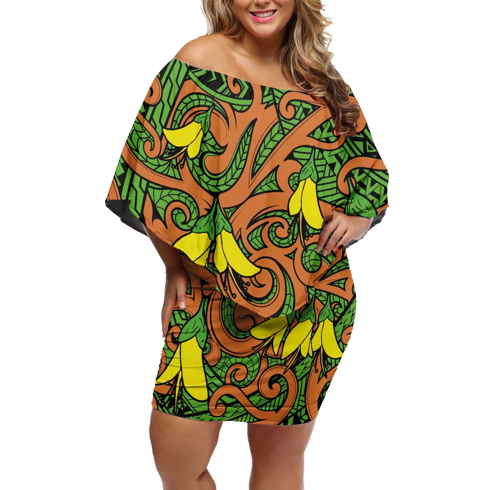 New Zealand Kowhai Flowers Off Shoulder Short Dress Maori Koru Pattern