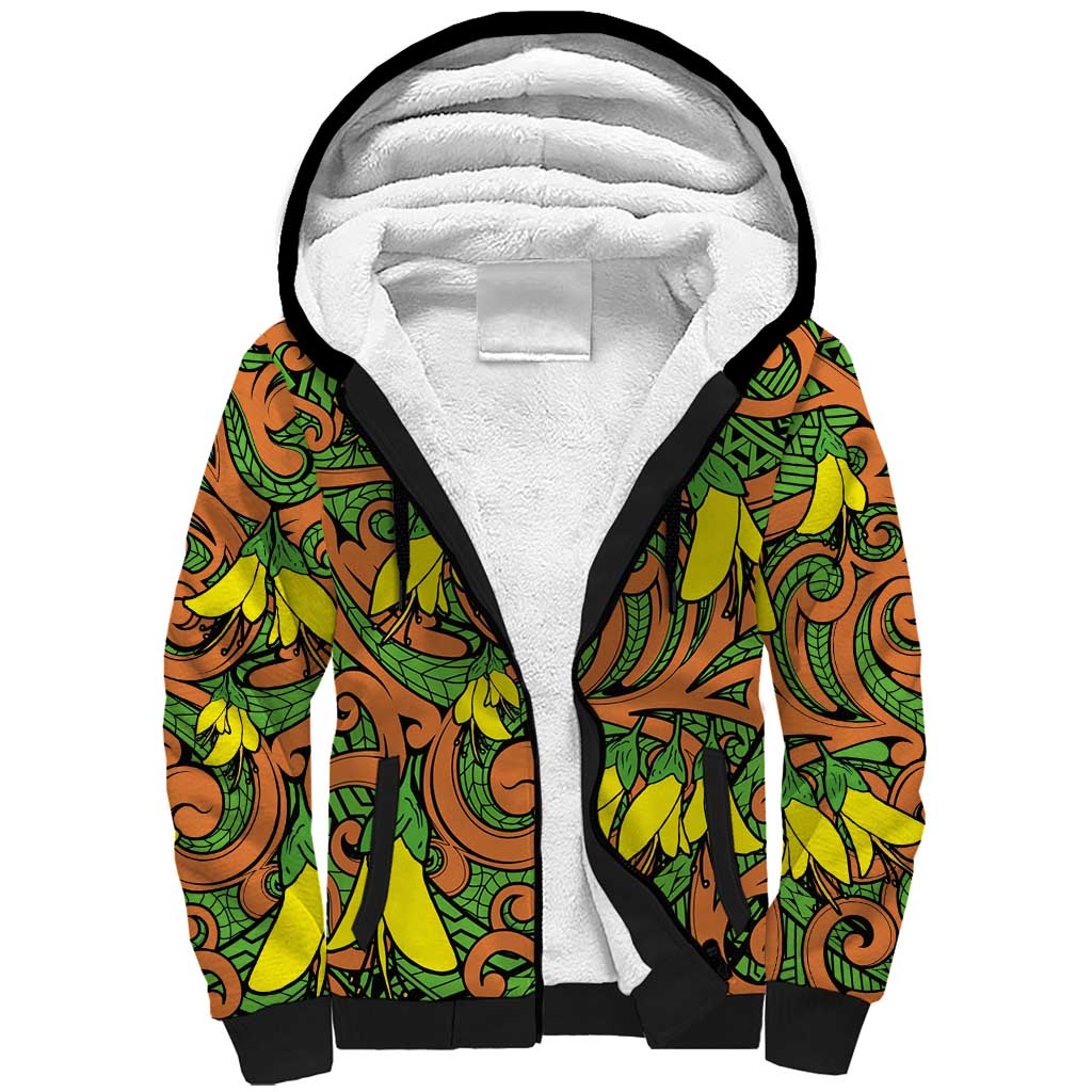New Zealand Kowhai Flowers Sherpa Hoodie Maori Koru Pattern LT03 Unisex Orange - Polynesian Pride