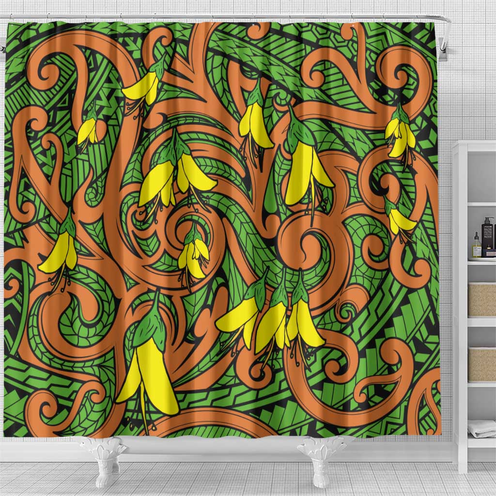 New Zealand Kowhai Flowers Shower Curtain Maori Koru Pattern