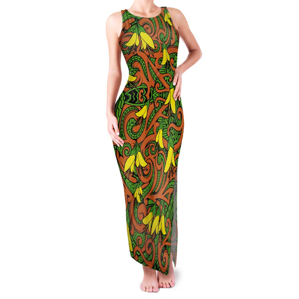 New Zealand Kowhai Flowers Tank Maxi Dress Maori Koru Pattern