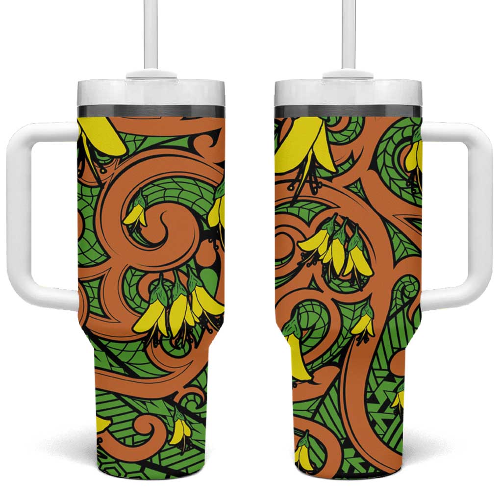 New Zealand Kowhai Flowers Tumbler With Handle Maori Koru Pattern LT03 One Size: 40 oz Orange - Polynesian Pride