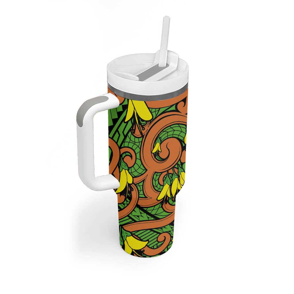 New Zealand Kowhai Flowers Tumbler With Handle Maori Koru Pattern LT03 - Polynesian Pride