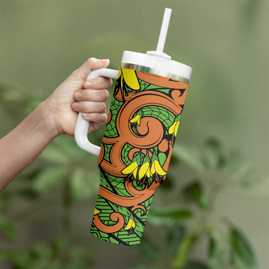 New Zealand Kowhai Flowers Tumbler With Handle Maori Koru Pattern LT03 - Polynesian Pride