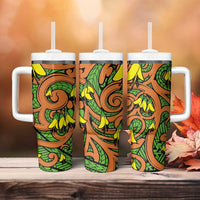 New Zealand Kowhai Flowers Tumbler With Handle Maori Koru Pattern LT03 - Polynesian Pride