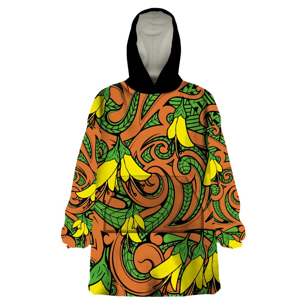 New Zealand Kowhai Flowers Wearable Blanket Hoodie Maori Koru Pattern LT03 One Size Orange - Polynesian Pride