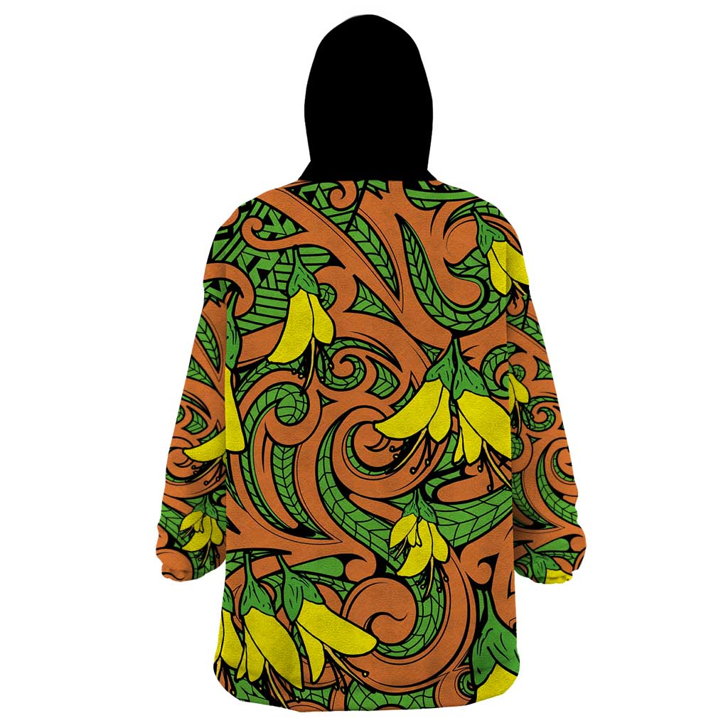 New Zealand Kowhai Flowers Wearable Blanket Hoodie Maori Koru Pattern LT03 - Polynesian Pride