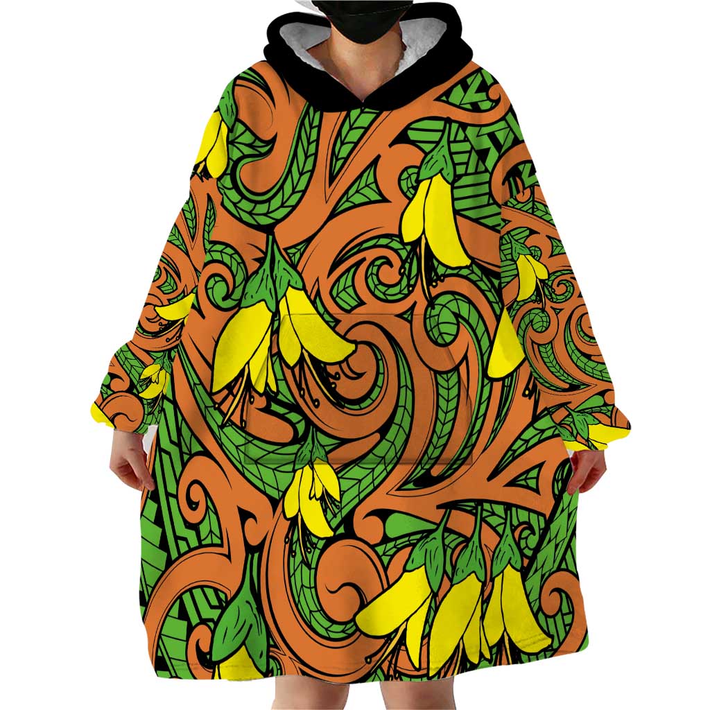 New Zealand Kowhai Flowers Wearable Blanket Hoodie Maori Koru Pattern LT03 - Polynesian Pride