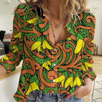 New Zealand Kowhai Flowers Women Casual Shirt Maori Koru Pattern