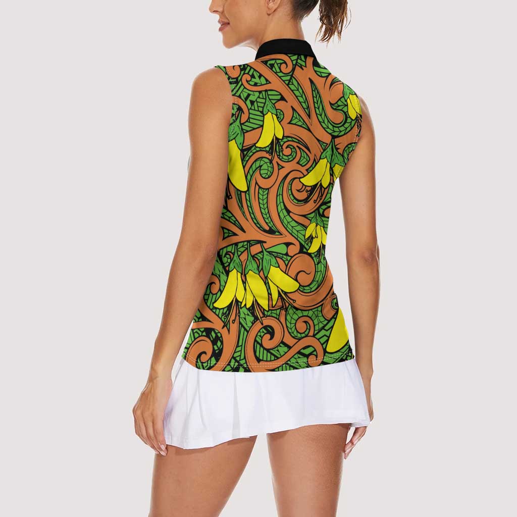 New Zealand Kowhai Flowers Women Sleeveless Polo Shirt Maori Koru Pattern