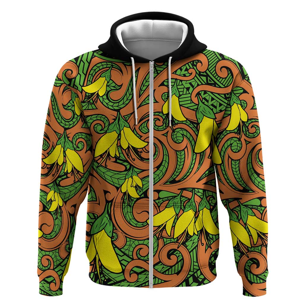 New Zealand Kowhai Flowers Zip Hoodie Maori Koru Pattern