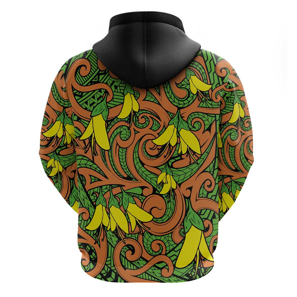New Zealand Kowhai Flowers Zip Hoodie Maori Koru Pattern