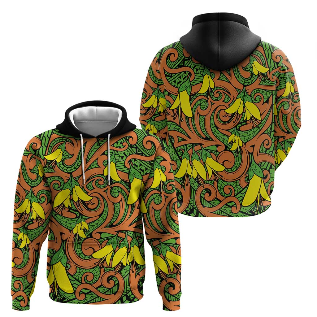 New Zealand Kowhai Flowers Zip Hoodie Maori Koru Pattern