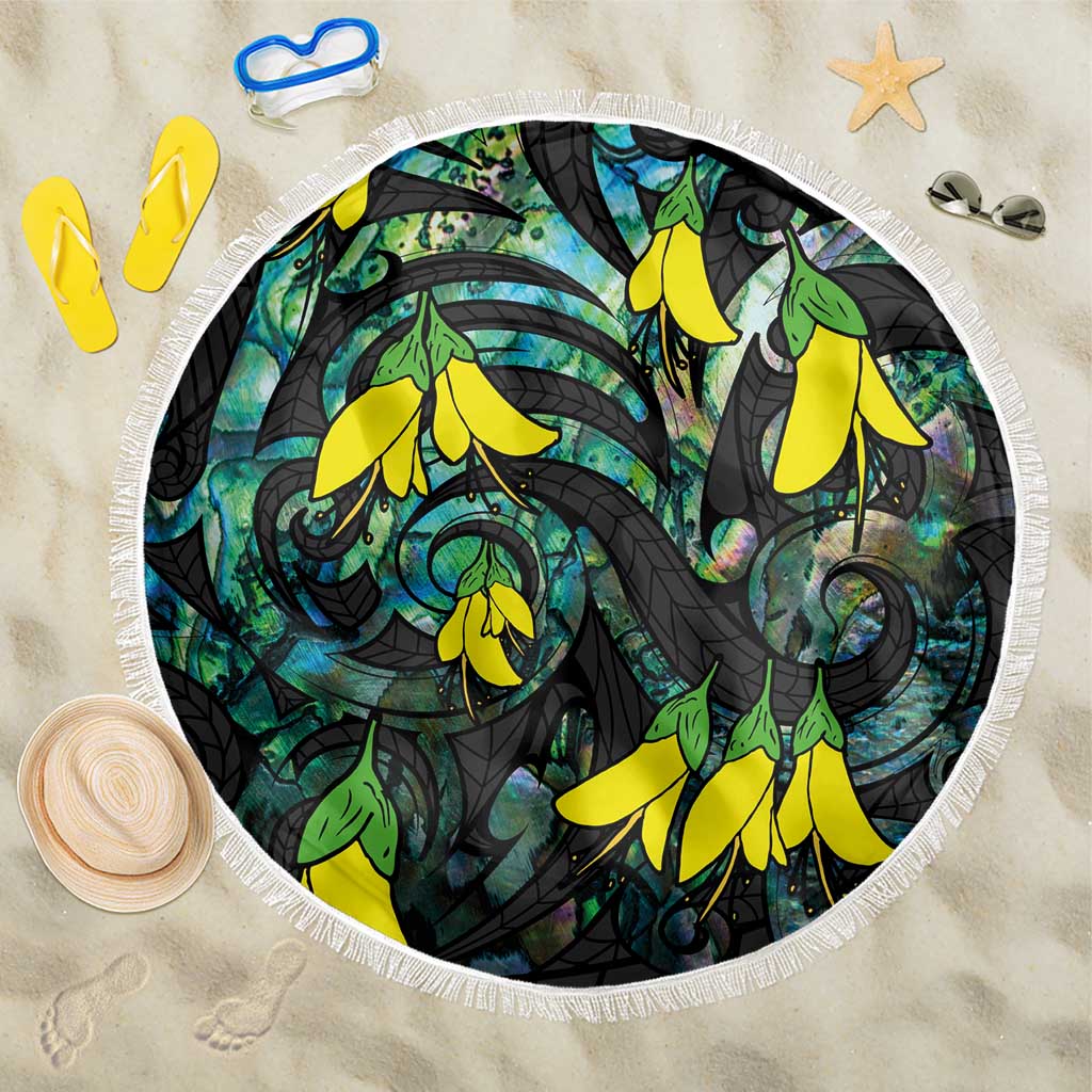 New Zealand Kowhai Flowers Beach Blanket Maori Koru Pattern With Paua Shell Style LT03 One Size 150cm Black - Polynesian Pride