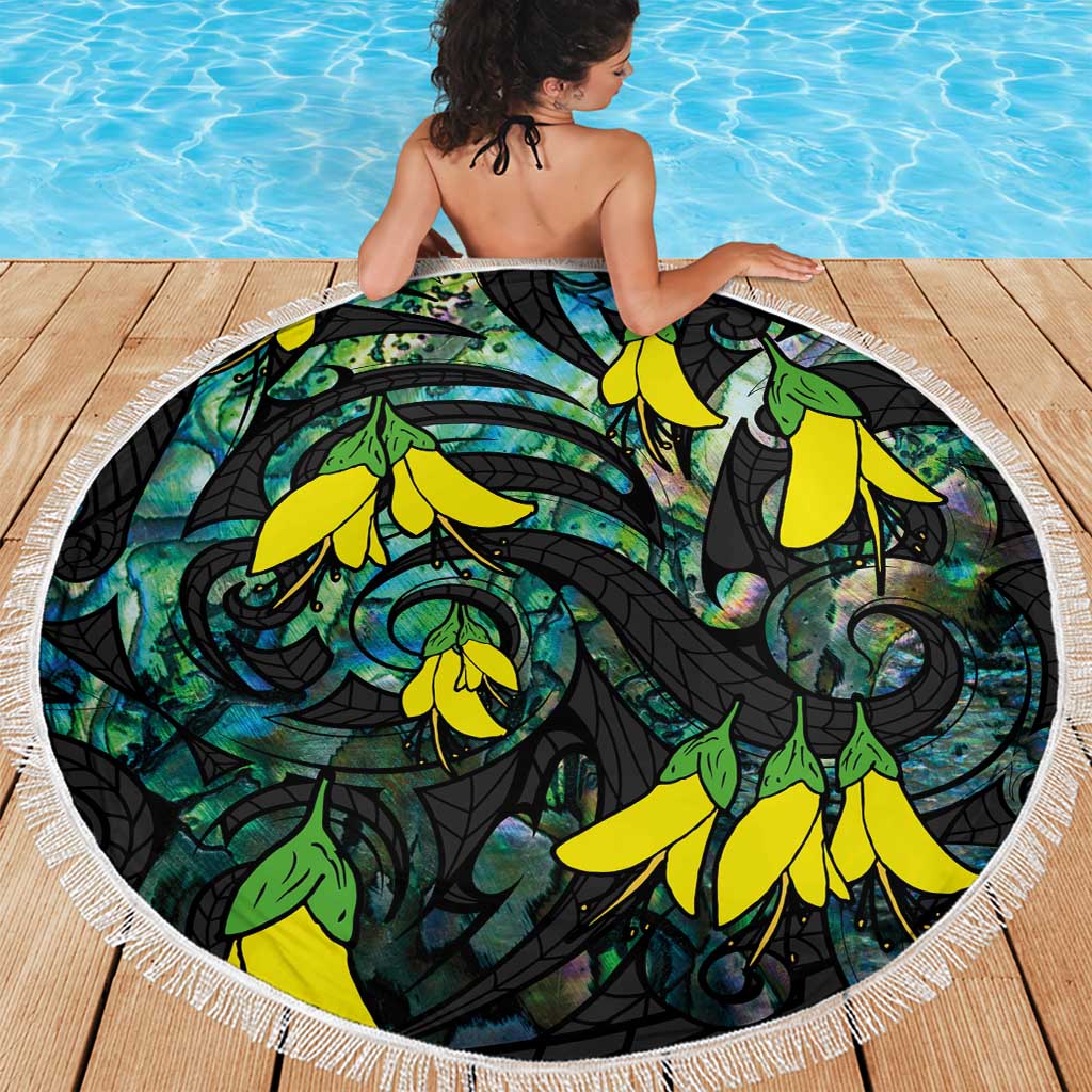 New Zealand Kowhai Flowers Beach Blanket Maori Koru Pattern With Paua Shell Style LT03 - Polynesian Pride