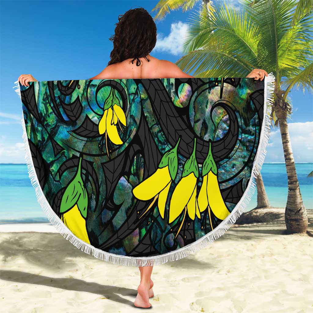 New Zealand Kowhai Flowers Beach Blanket Maori Koru Pattern With Paua Shell Style LT03 - Polynesian Pride