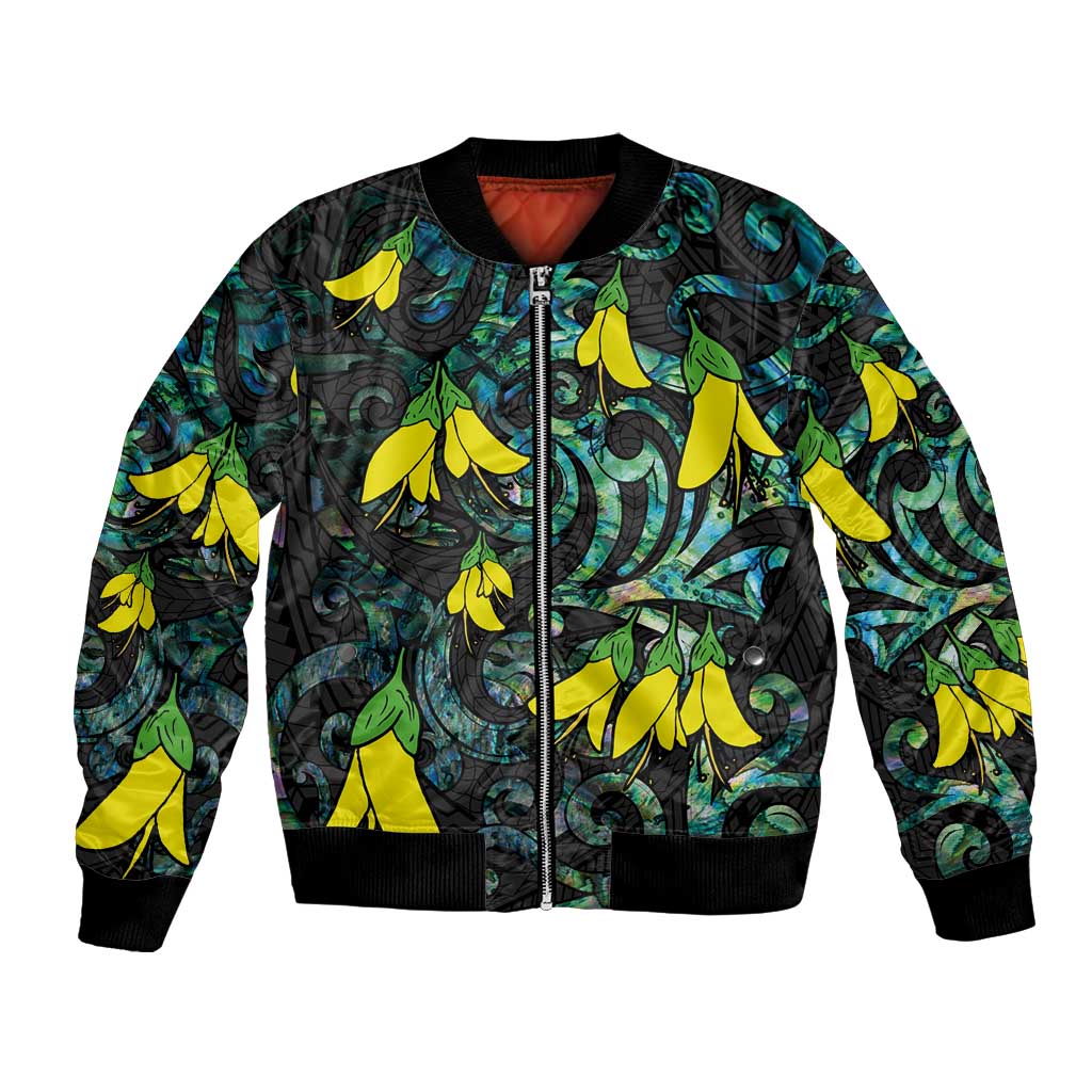 New Zealand Kowhai Flowers Bomber Jacket Maori Koru Pattern With Paua Shell Style