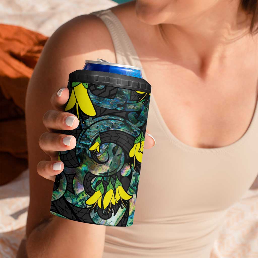 New Zealand Kowhai Flowers 4 in 1 Can Cooler Tumbler Maori Koru Pattern With Paua Shell Style