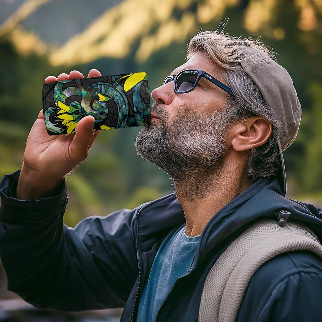 New Zealand Kowhai Flowers 4 in 1 Can Cooler Tumbler Maori Koru Pattern With Paua Shell Style