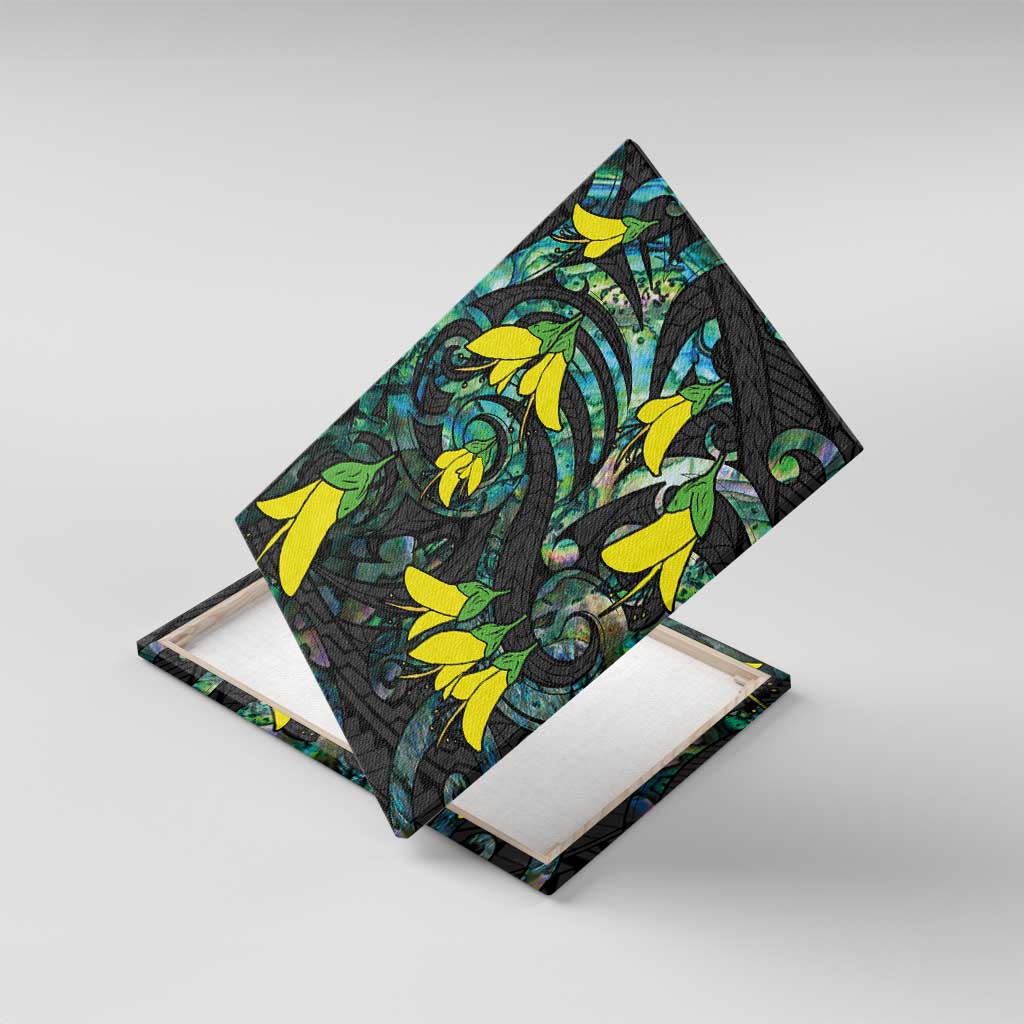 New Zealand Kowhai Flowers Canvas Wall Art Maori Koru Pattern With Paua Shell Style LT03 With Frame Black - Polynesian Pride