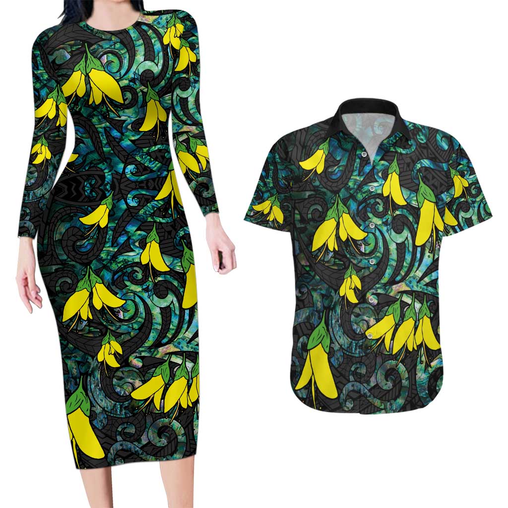 New Zealand Kowhai Flowers Couples Matching Long Sleeve Bodycon Dress and Hawaiian Shirt Maori Koru Pattern With Paua Shell Style LT03 Black - Polynesian Pride