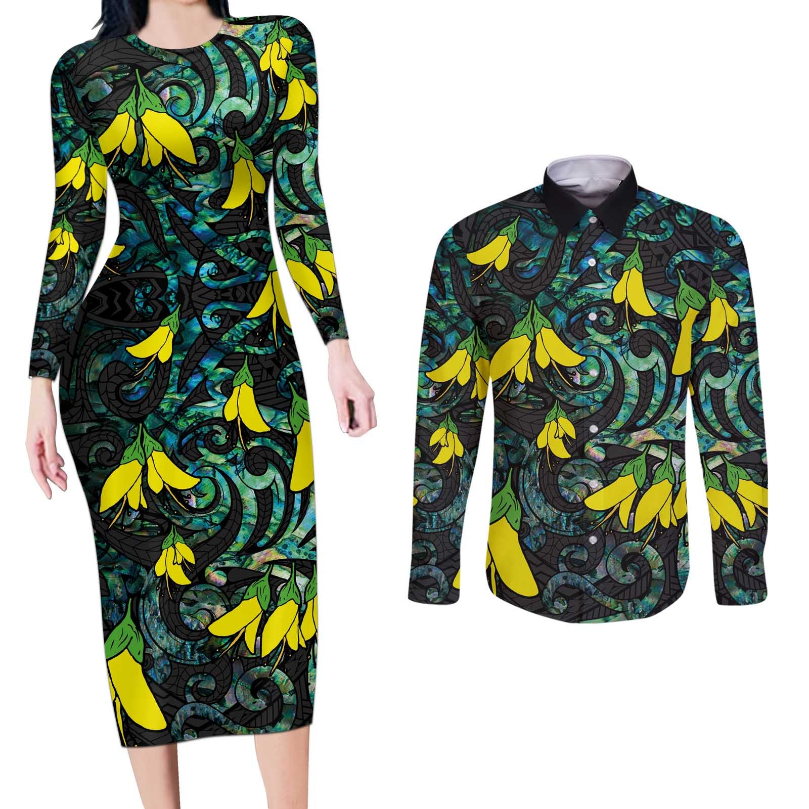 New Zealand Kowhai Flowers Couples Matching Long Sleeve Bodycon Dress and Long Sleeve Button Shirt Maori Koru Pattern With Paua Shell Style LT03 Black - Polynesian Pride