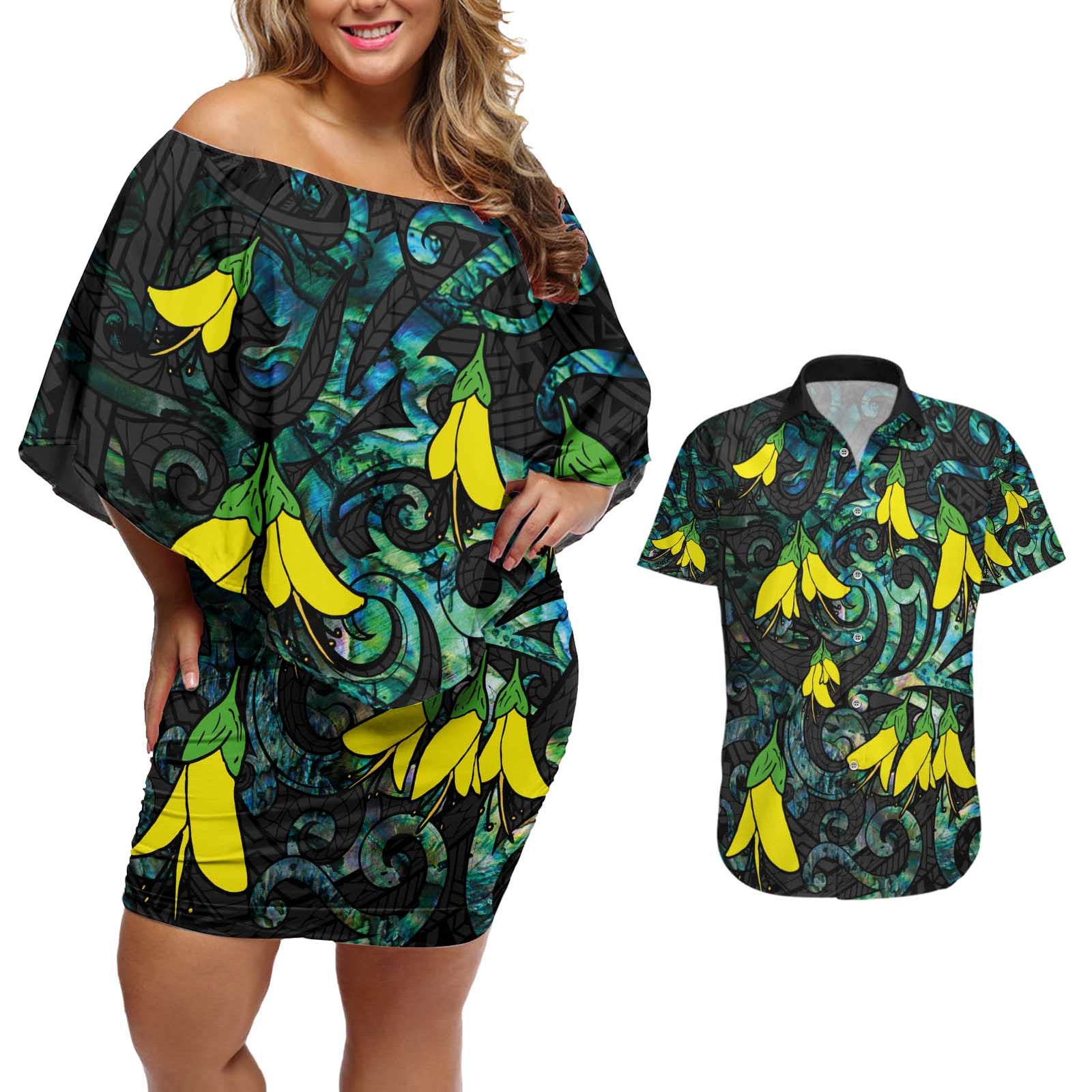 New Zealand Kowhai Flowers Couples Matching Off Shoulder Short Dress and Hawaiian Shirt Maori Koru Pattern With Paua Shell Style LT03 Black - Polynesian Pride