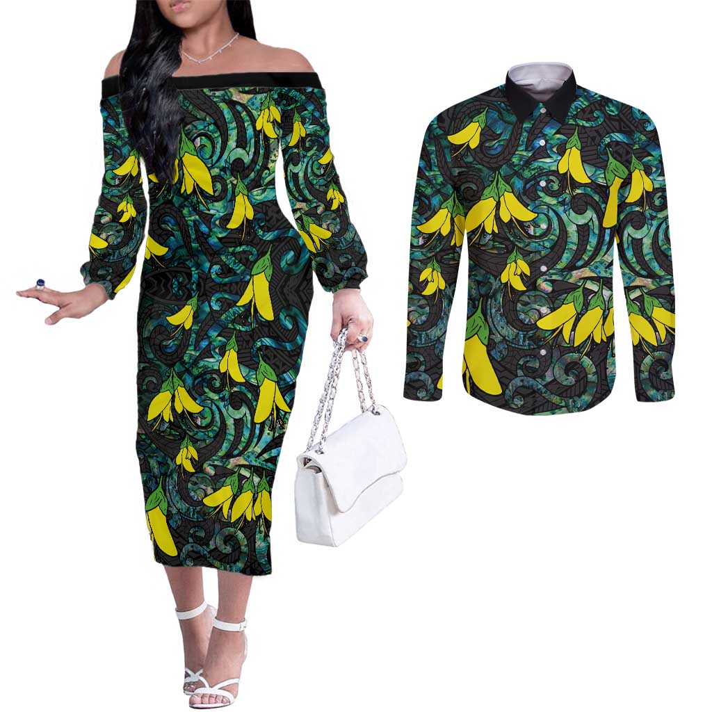 New Zealand Kowhai Flowers Couples Matching Off The Shoulder Long Sleeve Dress and Long Sleeve Button Shirt Maori Koru Pattern With Paua Shell Style LT03 Black - Polynesian Pride