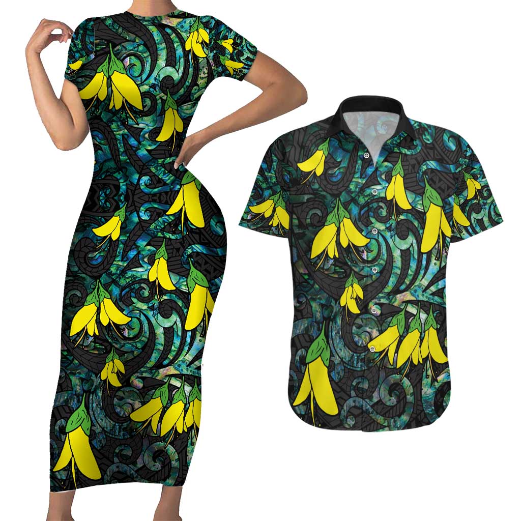 New Zealand Kowhai Flowers Couples Matching Short Sleeve Bodycon Dress and Hawaiian Shirt Maori Koru Pattern With Paua Shell Style LT03 Black - Polynesian Pride