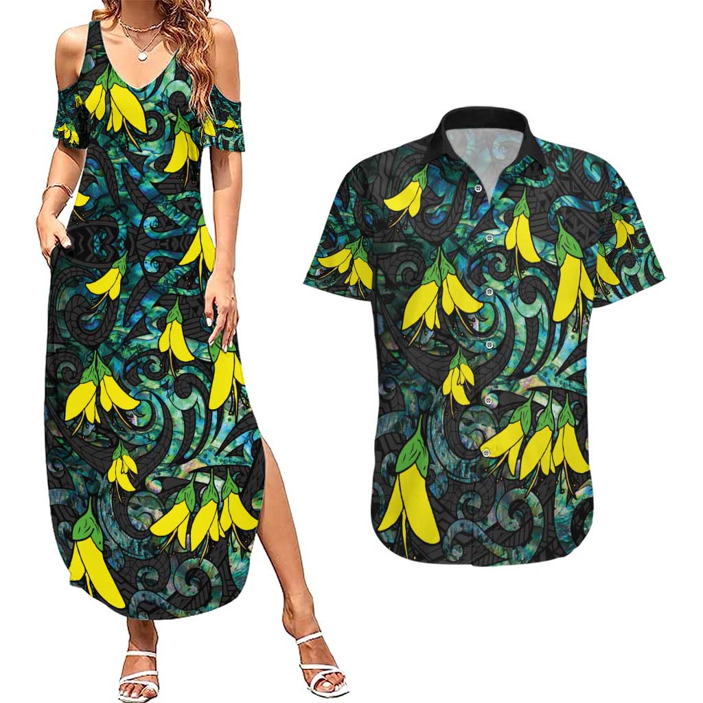 New Zealand Kowhai Flowers Couples Matching Summer Maxi Dress and Hawaiian Shirt Maori Koru Pattern With Paua Shell Style LT03 Black - Polynesian Pride