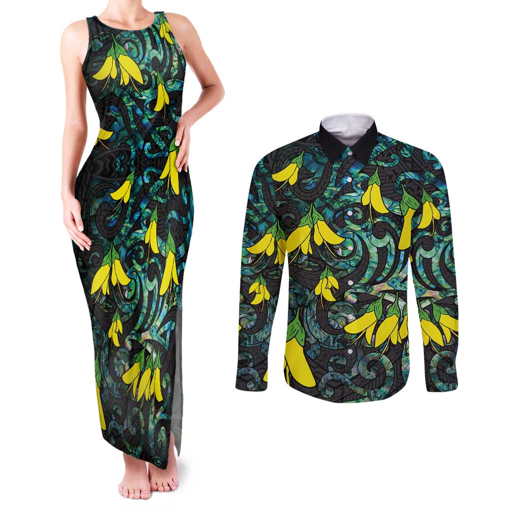 New Zealand Kowhai Flowers Couples Matching Tank Maxi Dress and Long Sleeve Button Shirt Maori Koru Pattern With Paua Shell Style LT03 Black - Polynesian Pride