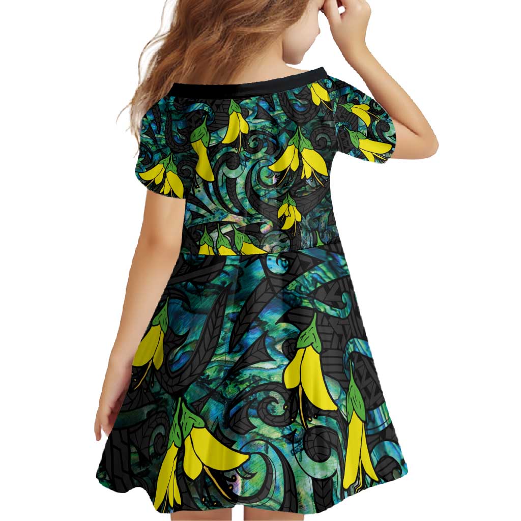 New Zealand Kowhai Flowers Family Matching Long Sleeve Bodycon Dress and Hawaiian Shirt Maori Koru Pattern With Paua Shell Style