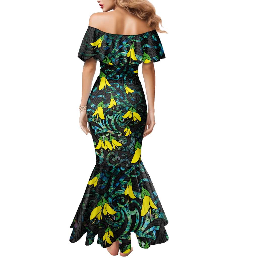 New Zealand Kowhai Flowers Family Matching Mermaid Dress and Hawaiian Shirt Maori Koru Pattern With Paua Shell Style