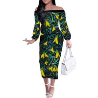New Zealand Kowhai Flowers Family Matching Off The Shoulder Long Sleeve Dress and Hawaiian Shirt Maori Koru Pattern With Paua Shell Style
