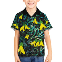 New Zealand Kowhai Flowers Family Matching Off The Shoulder Long Sleeve Dress and Hawaiian Shirt Maori Koru Pattern With Paua Shell Style