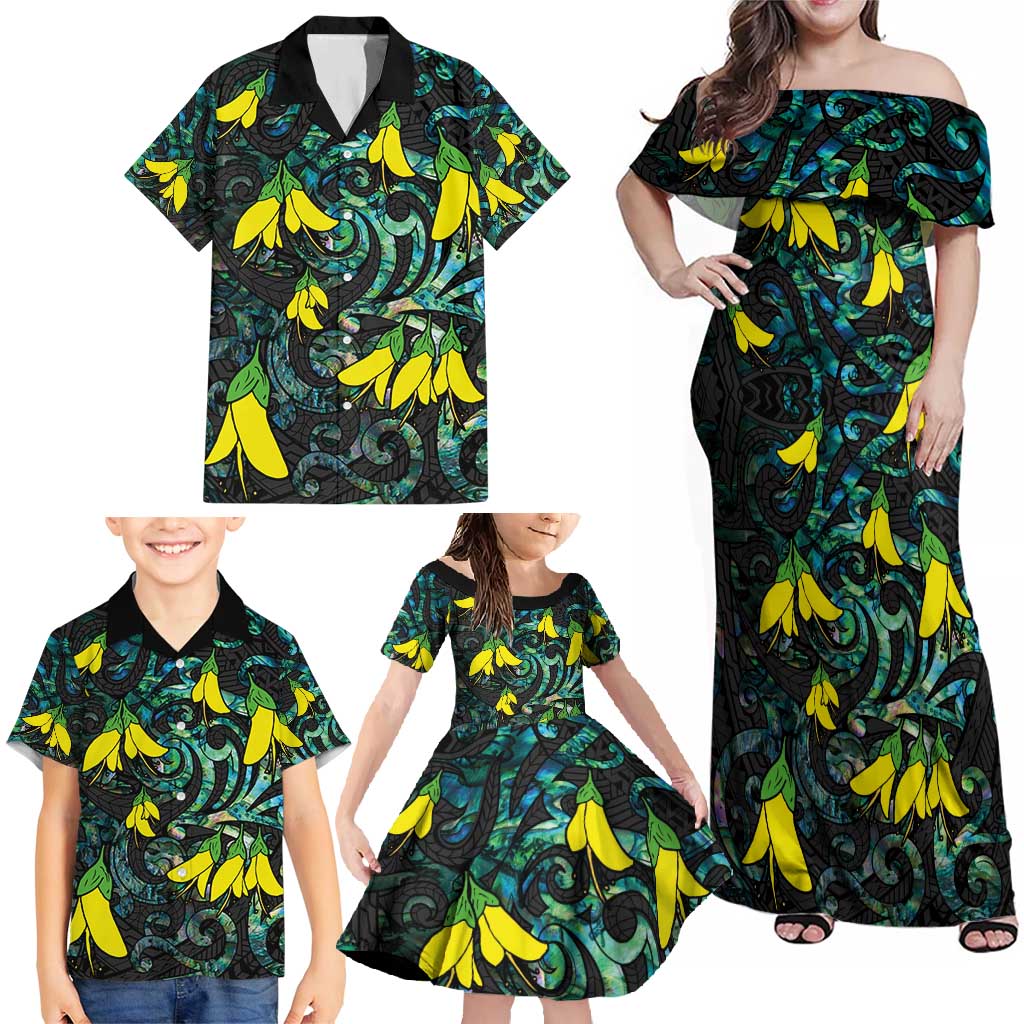 New Zealand Kowhai Flowers Family Matching Off Shoulder Maxi Dress and Hawaiian Shirt Maori Koru Pattern With Paua Shell Style