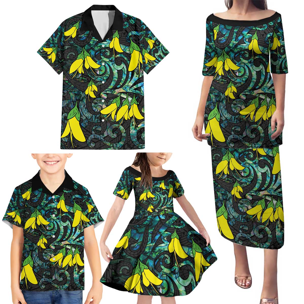 New Zealand Kowhai Flowers Family Matching Puletasi and Hawaiian Shirt Maori Koru Pattern With Paua Shell Style