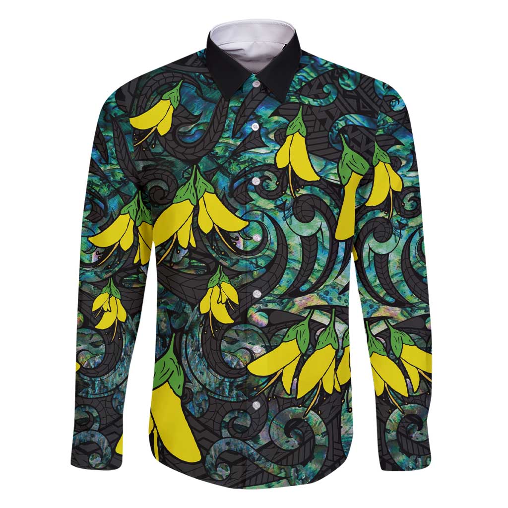 New Zealand Kowhai Flowers Family Matching Short Sleeve Bodycon Dress and Hawaiian Shirt Maori Koru Pattern With Paua Shell Style