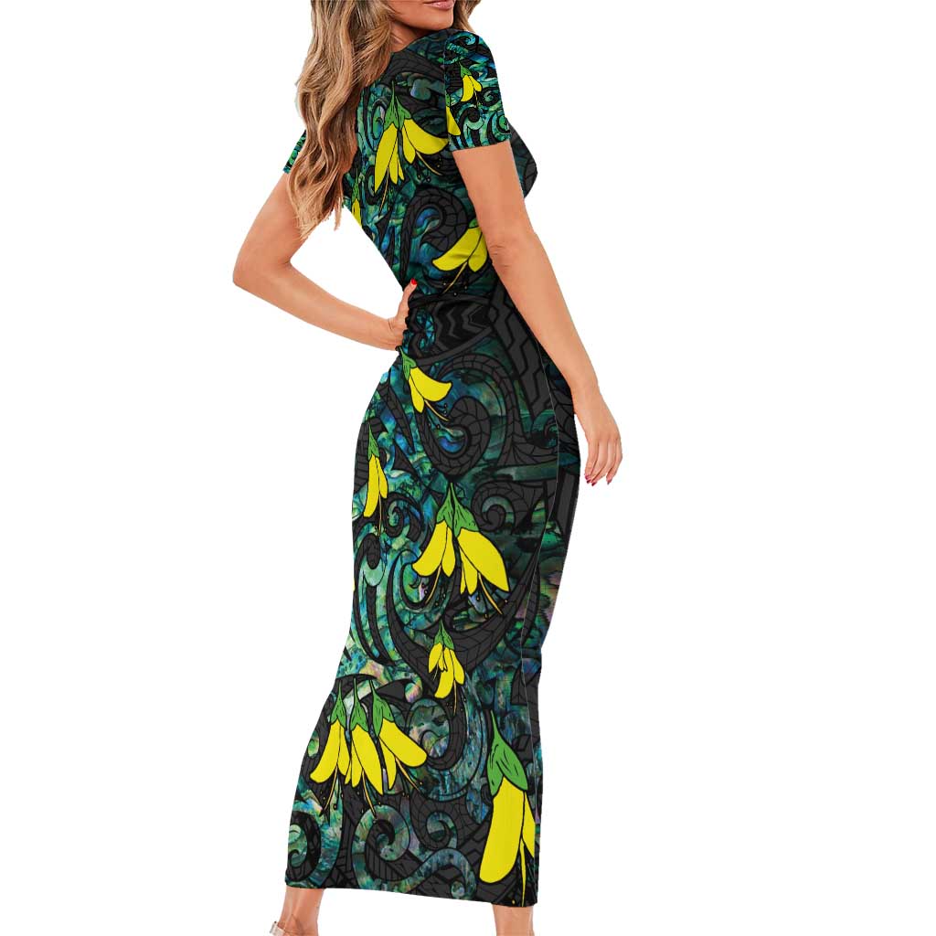 New Zealand Kowhai Flowers Family Matching Short Sleeve Bodycon Dress and Hawaiian Shirt Maori Koru Pattern With Paua Shell Style